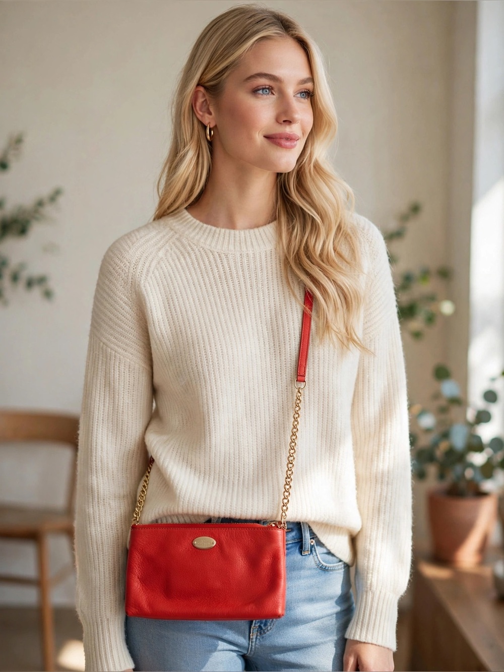 Coach Red Leather Chain Strap Crossbody Shoulder Bag